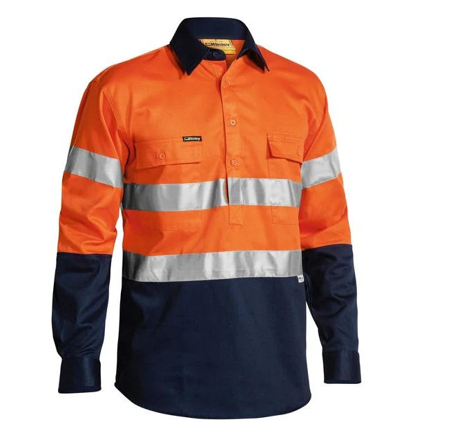 Bisley Hi Vis Taped Closed Front Long Sleeve Drill Shirt
